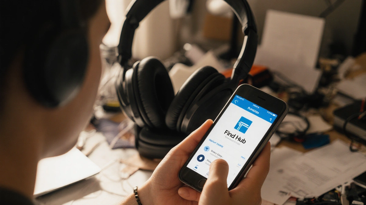 Person checking Find Hub app on phone with wireless headphones and cluttered desk showing urgency