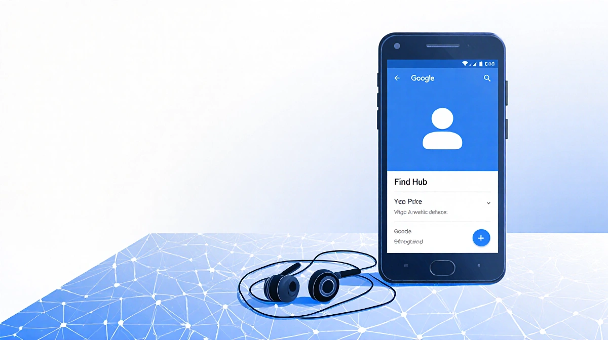 Smartphone shows Find Hub app with Google account logo and lost wireless headphones tangled on table