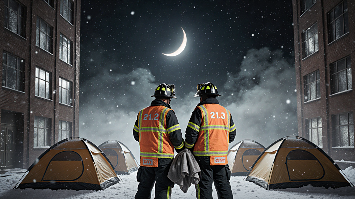 Firefighters standing outside tents at night with bright orange vests and helmets and one holding a thermal blanket on snow