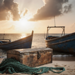 Two fishing boats in Caribbean Sea one sinking with a wooden chest buried in sand and tangled net under orange sunset