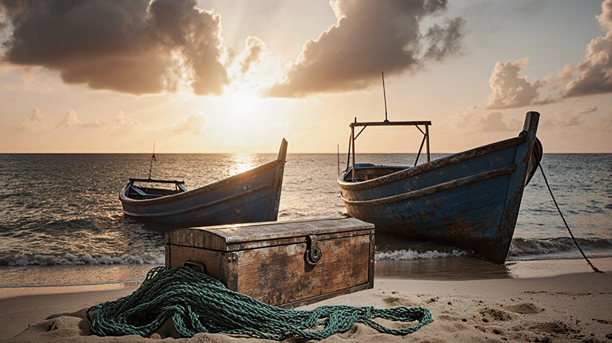 Two fishing boats in Caribbean Sea one sinking with a wooden chest buried in sand and tangled net under orange sunset