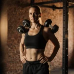 Strong woman lifting dumbbells with determined expression in a dimly lit weightlifting gym