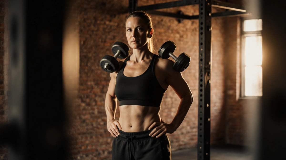Strong woman lifting dumbbells with determined expression in a dimly lit weightlifting gym