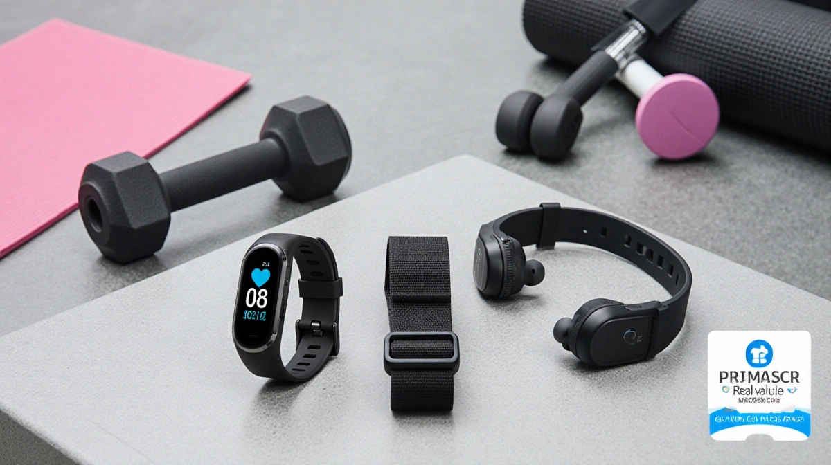 Fitness accessories arranging with heart rate monitor strap and earbuds on a table with gym floor texture near Prime logo