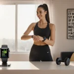 Person holding Apple Watch smiling with natural light in modern living room and fitness goals