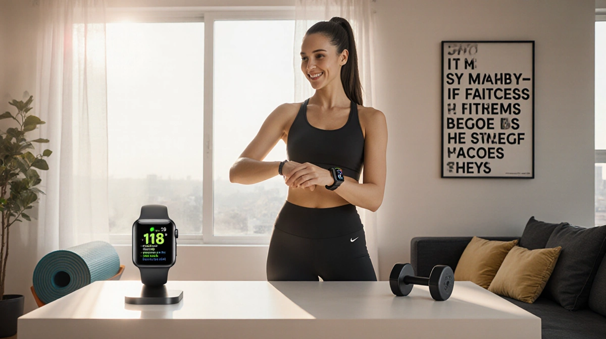 Person holding Apple Watch smiling with natural light in modern living room and fitness goals