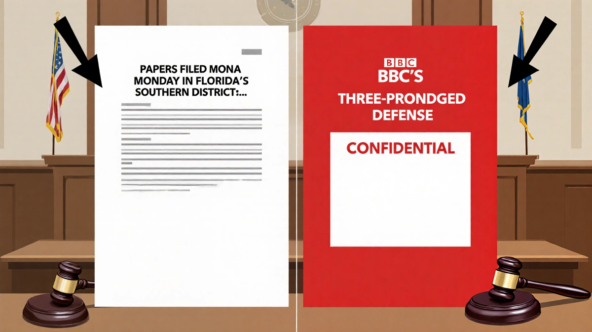 Split court documents showing Florida Southern District filing with arrows and redacted confidential section with BBC defense