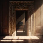 Ornate courtroom door stands ajar with warm light spilling through gap and judge