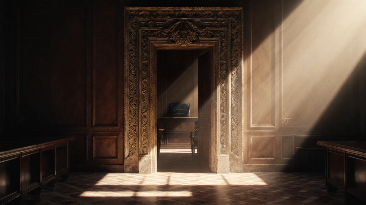 Ornate courtroom door stands ajar with warm light spilling through gap and judge