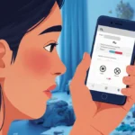 Person holding smartphone showing flu test screen with concerned face and subtle relief in warm home