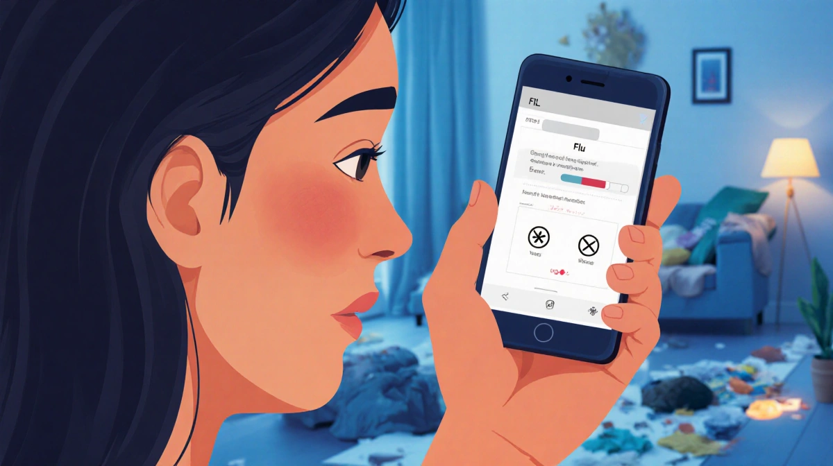 Person holding smartphone showing flu test screen with concerned face and subtle relief in warm home