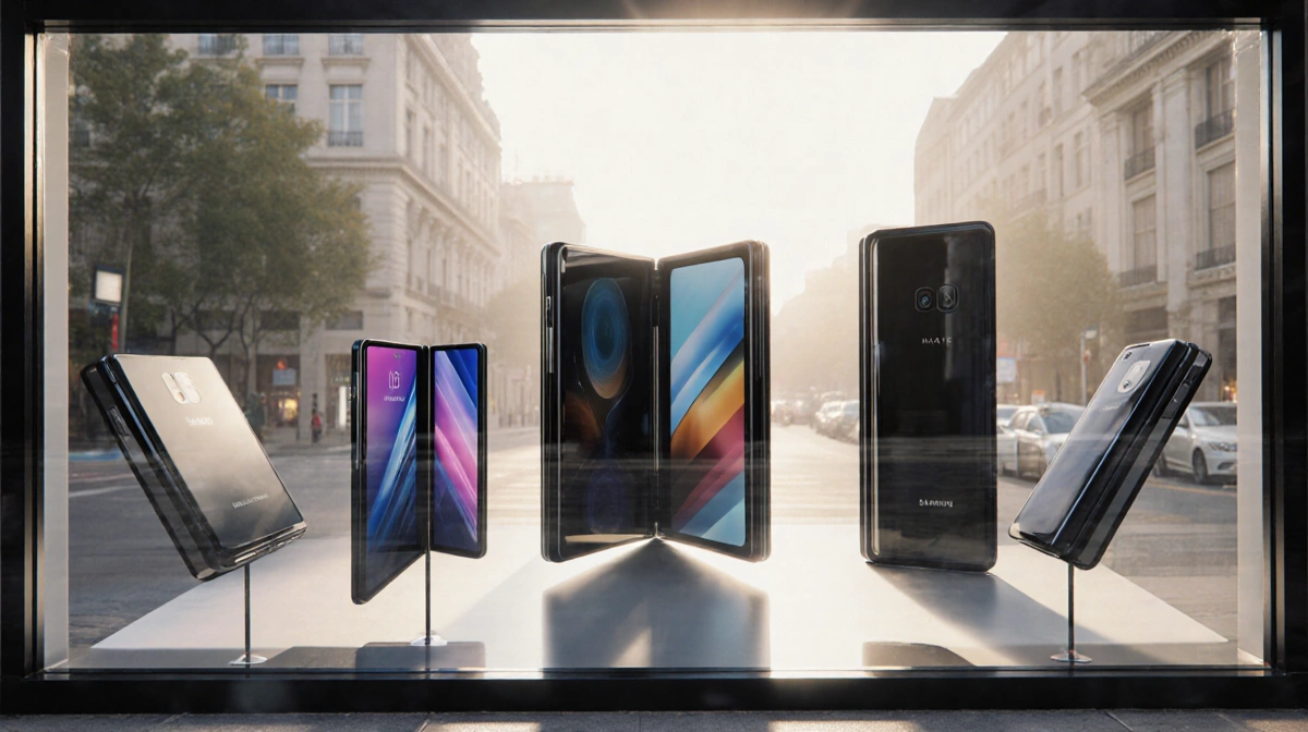Four foldable phones showcase their unique designs with natural light streaming through the storefront window.