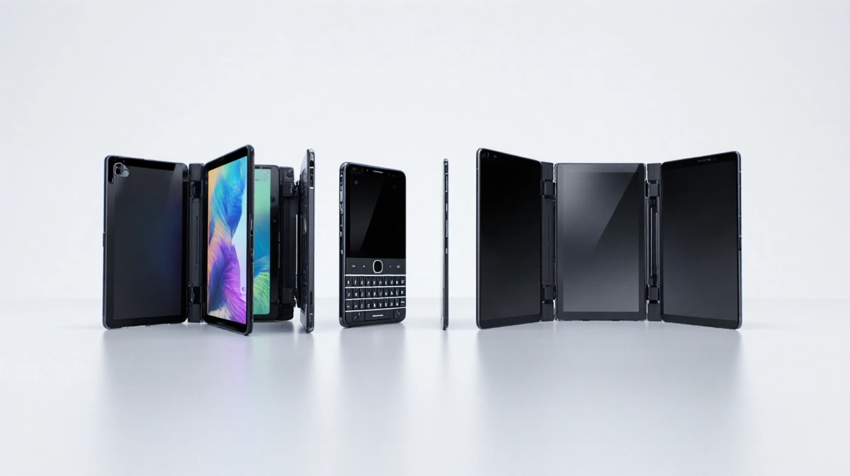 Four foldable phones display side by side with lighting showing book flip trifold widescreen designs
