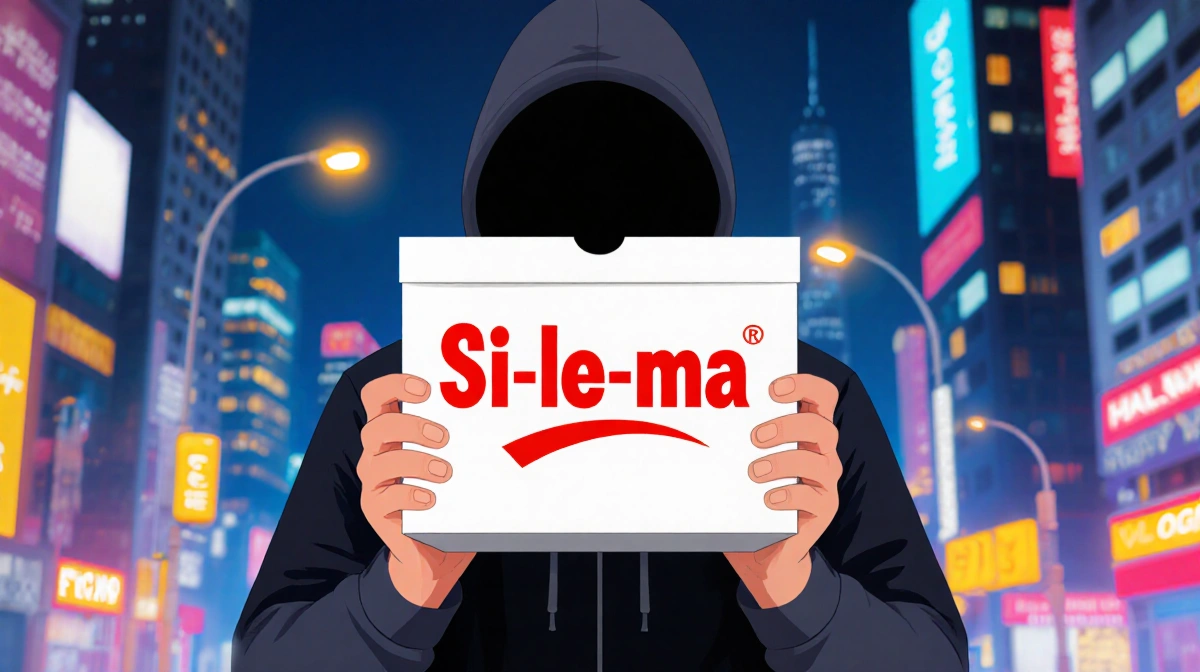 Delivery person holding food box with red Si-le-ma logo against neon city lights and urban skyline