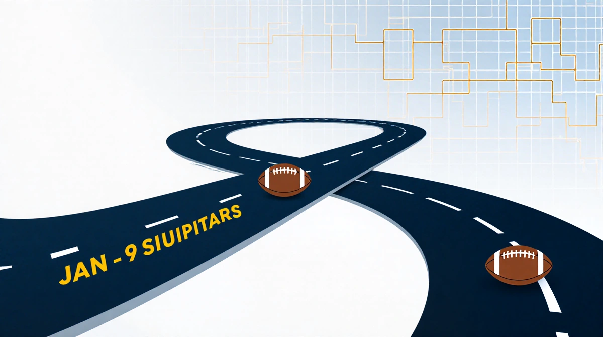 Split-screen paths merge on Jan 8th with two footballs at intersection and a faint bracket grid behind