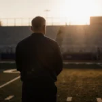 Football coach stands alone on empty field with setting sun casting long shadows across the grass