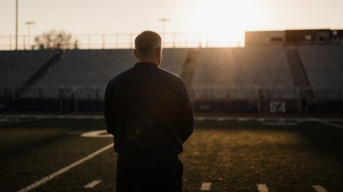 Football coach stands alone on empty field with setting sun casting long shadows across the grass