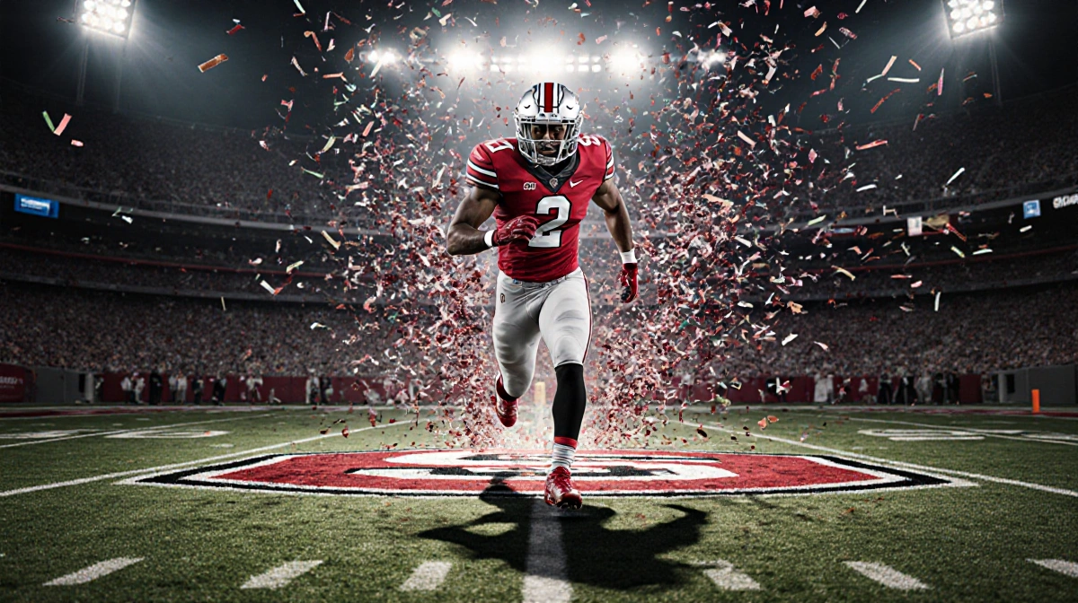 Football player sprinting toward camera with confetti exploding in foreground and stadium bowl backdrop wearing college jerse