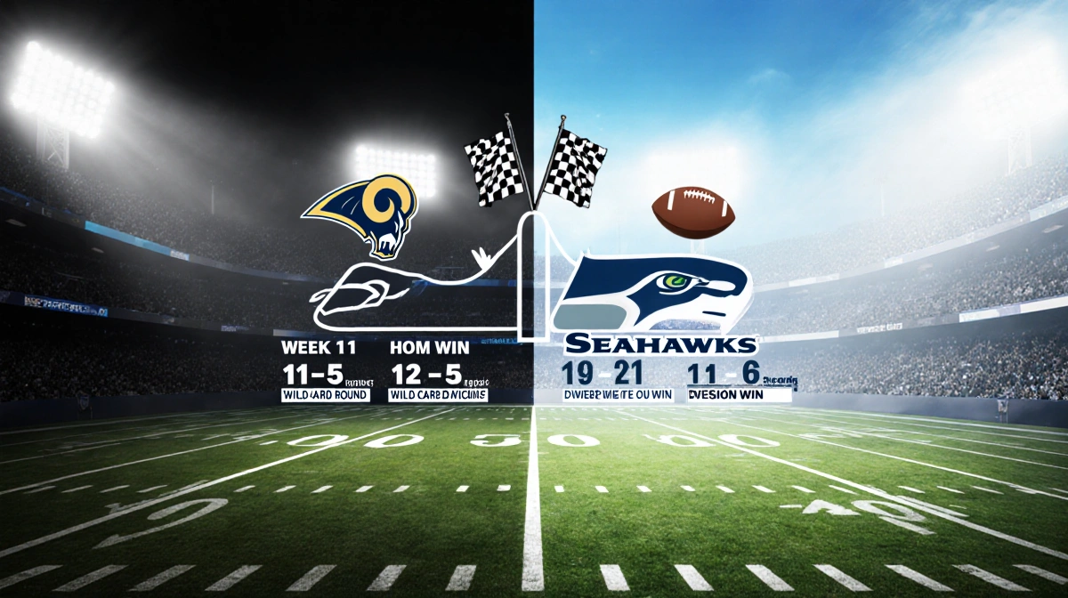 Split-screen collage contrasts foggy Rams field and sunny Seahawks field with timeline of key playoff moments