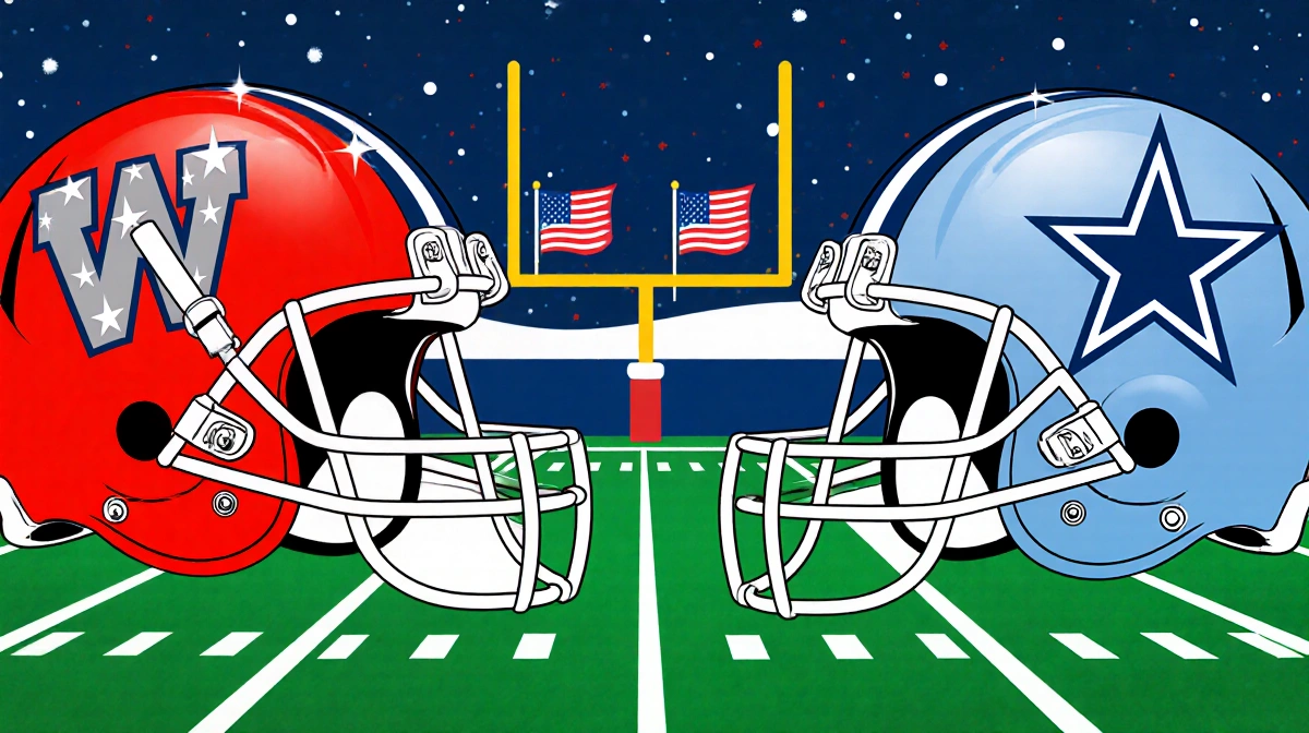 Commanders and Cowboys line up on split field with red and blue helmets and festive holiday backdrop