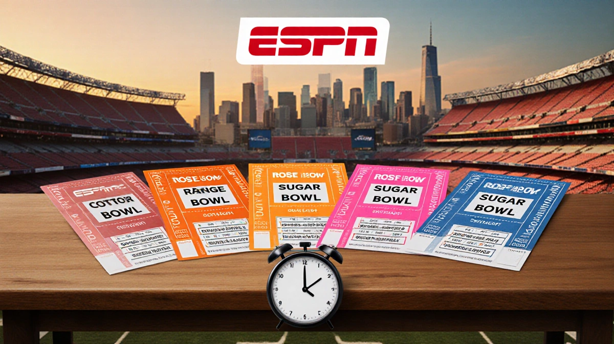 Four football tickets arranged on a wooden table with city skyline and countdown clock in front New Year's Day excitement