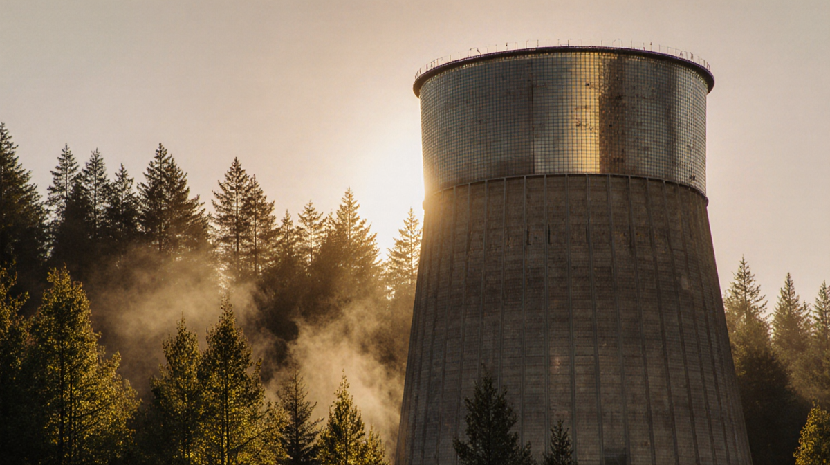 Cooling tower glints with sunset light as misty forest rises behind