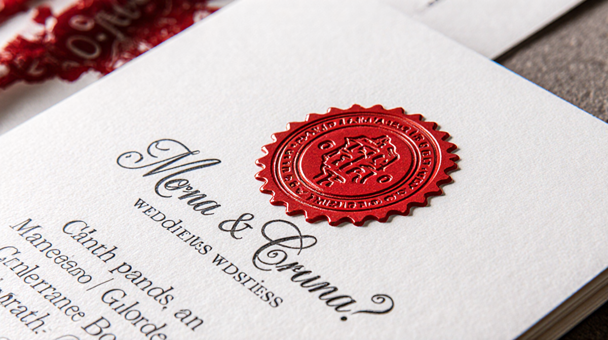 Wedding invitation is stamped with a raised red seal and elegant calligraphy on a soft‑focus white background