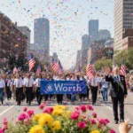 Diverse parade marchers wave to crowd with colorful floats and historic Fort Worth skyline behind
