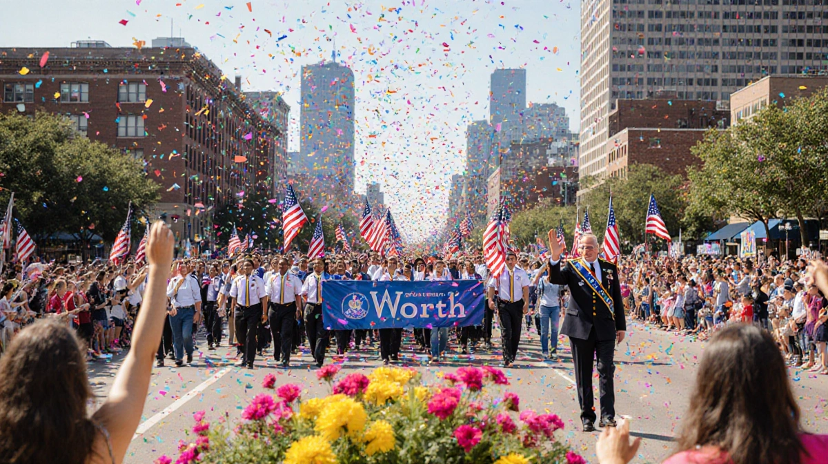 Diverse parade marchers wave to crowd with colorful floats and historic Fort Worth skyline behind