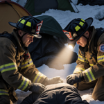 Firefighters checking a hypothermic person with flashlight beam illuminating hands near snow-covered campsite.