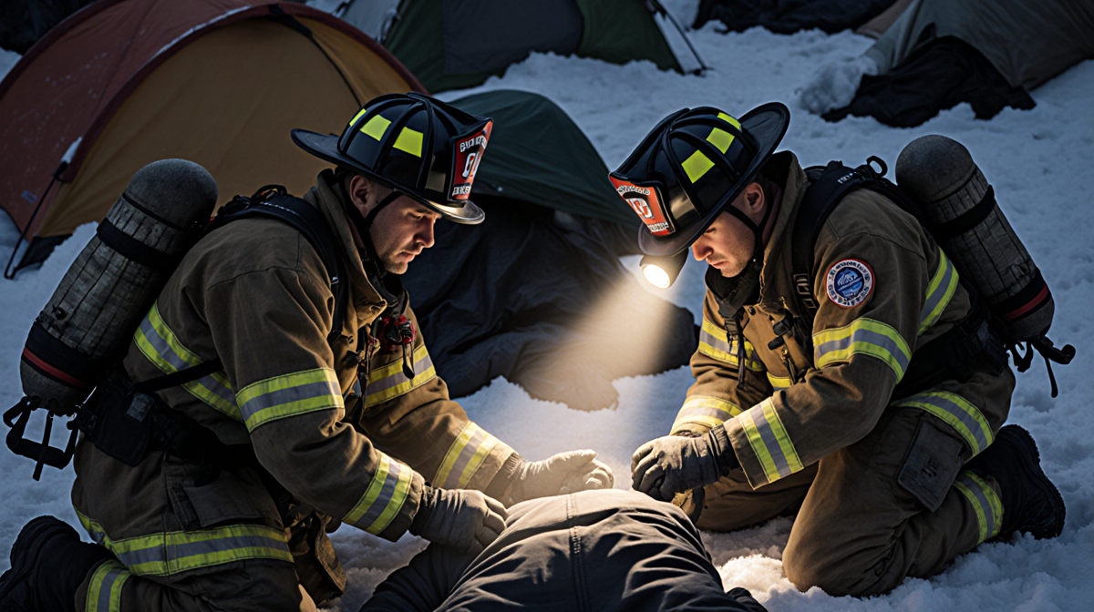 Firefighters checking a hypothermic person with flashlight beam illuminating hands near snow-covered campsite.