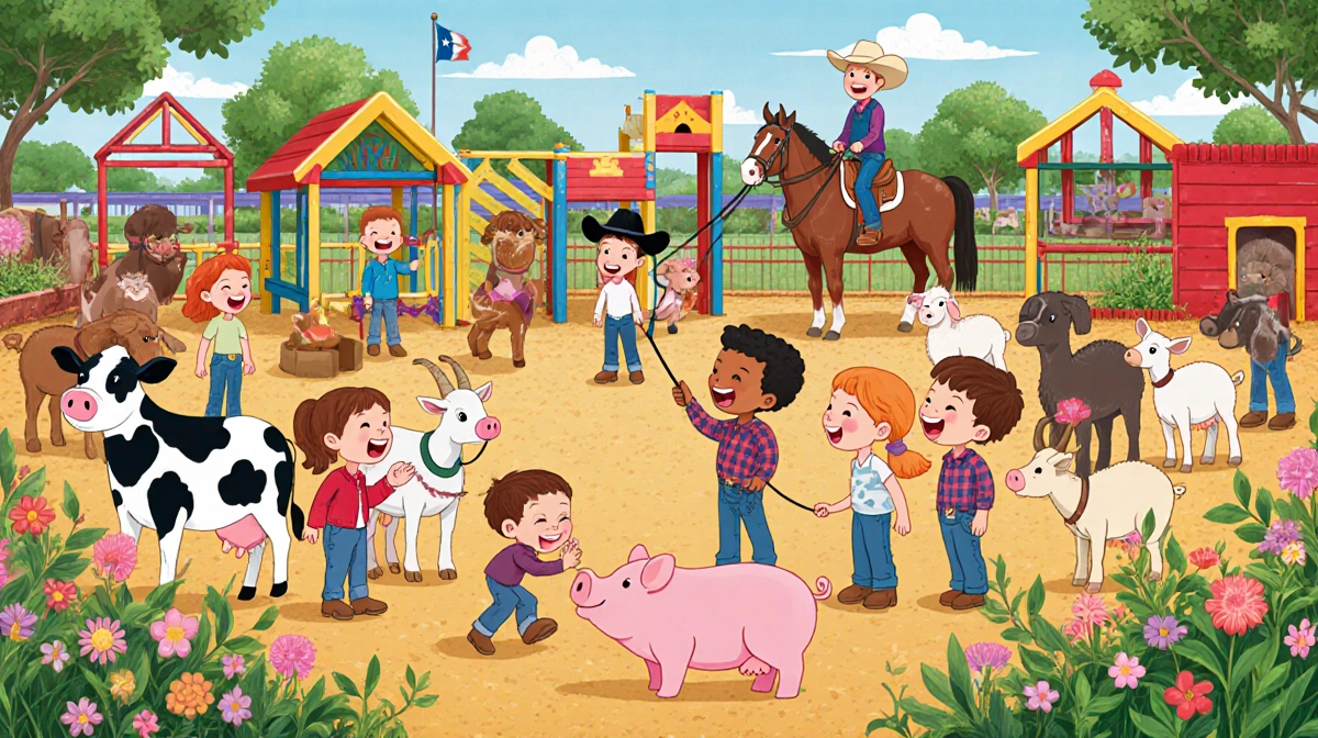 Children laughing and petting goats and sheep at the Fort Worth Stock Show petting zoo with pony rides in background