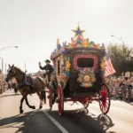 Colorfully decorated horse-drawn carriage leads the Fort Worth Stock Show parade with crowds waving and western flags lining
