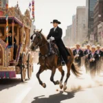 Horse-drawn carriage galloping along downtown street with ornate parade floats and cheering crowd