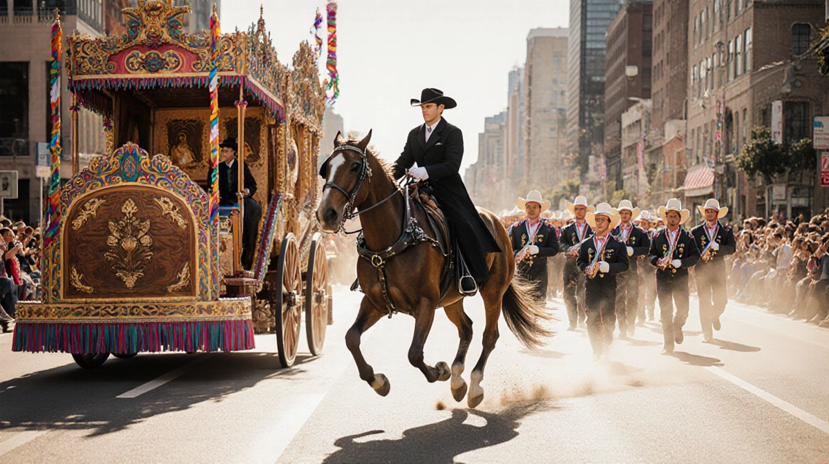 Horse-drawn carriage galloping along downtown street with ornate parade floats and cheering crowd