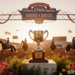 Cowboy riders stand by decorated rodeo gates with golden trophy and sunset glow