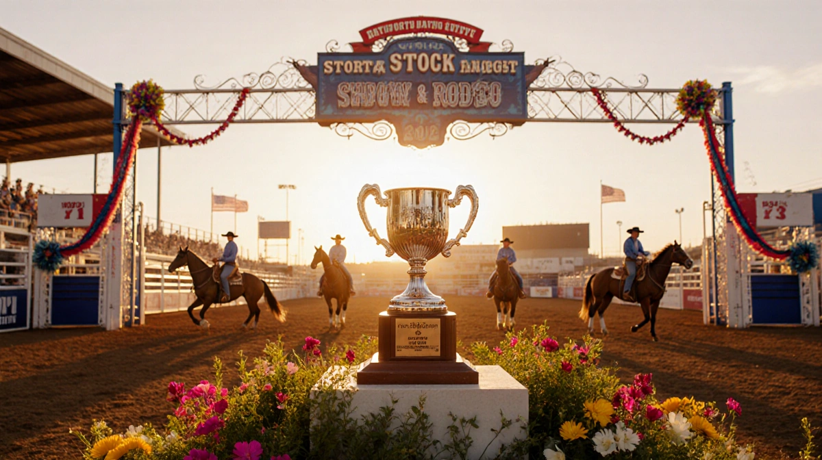 Cowboy riders stand by decorated rodeo gates with golden trophy and sunset glow
