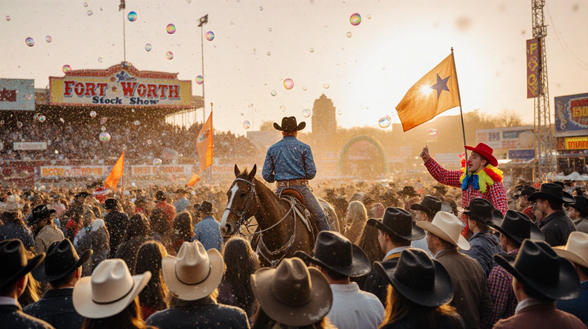 Lone cowboy gazes over Fort Worth Stock Show crowd with snow falling on cowboy hats and carnival lights glowing at sunset