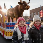 Colorful parade float with cowboy hats and giant longhorn rolls through Fort Worth winter morning with bundled families watch