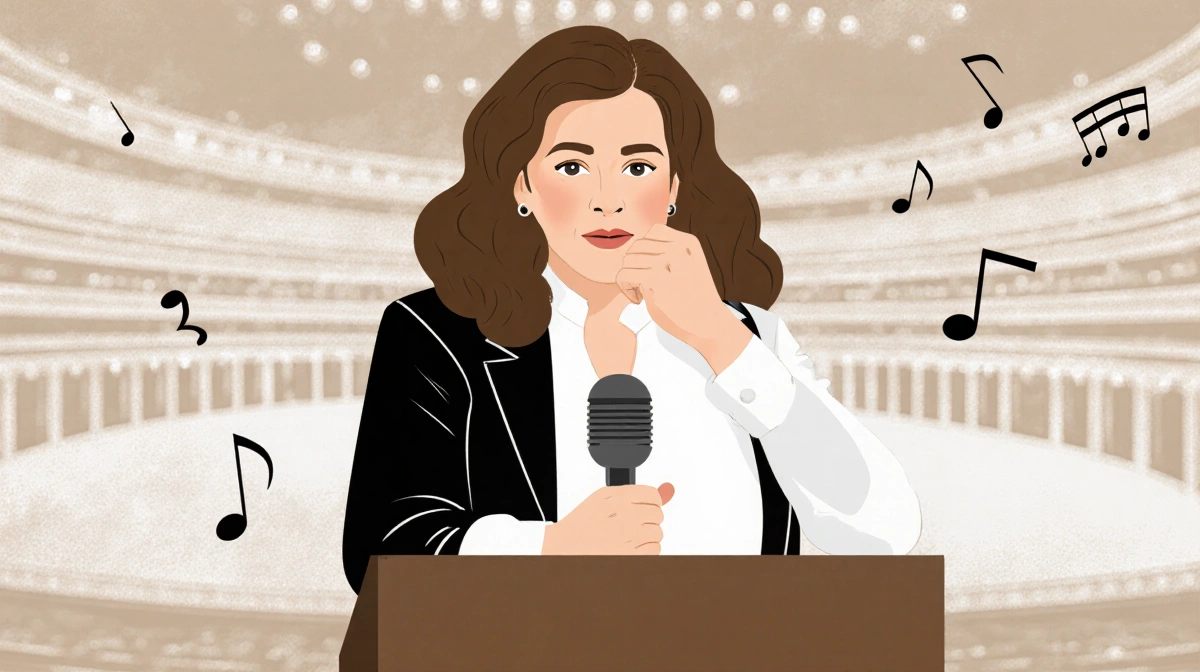 Francesca Zambello opera director stands at a podium holding a microphone with Kennedy Center stage and musical notes