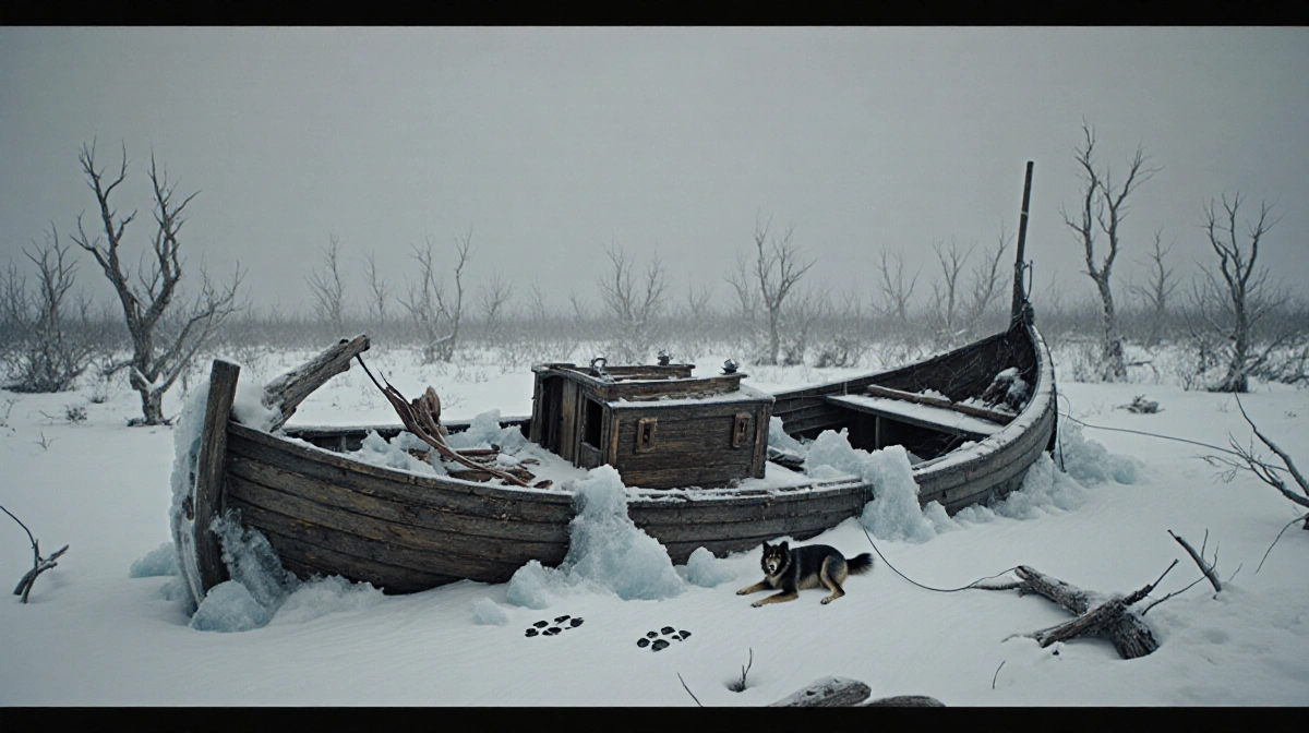 Frozen shipwreck lies half-buried in Arctic snow with dog tracks crossing the deck and broken ice scattered on the hull