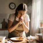 Exhausted mom stares at unfinished dinner with messy kitchen counter showing takeout containers and scattered utensils