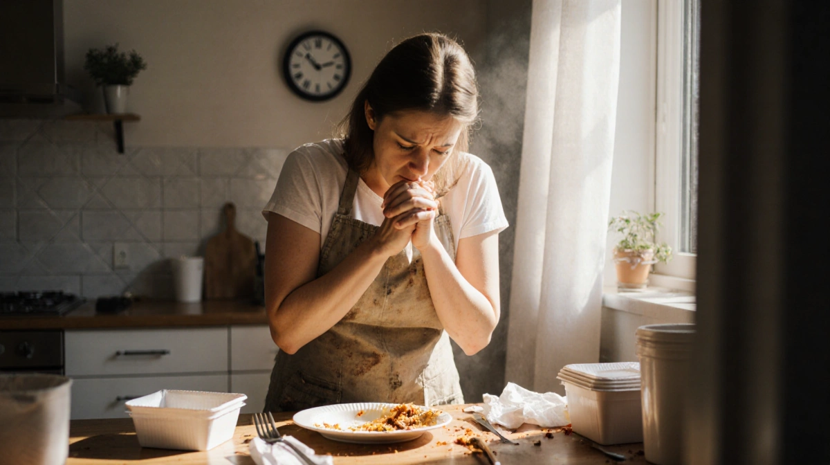 Exhausted mom stares at unfinished dinner with messy kitchen counter showing takeout containers and scattered utensils
