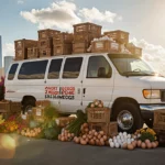 Bright yellow delivery truck overflows with free egg crates and boxes with Dallas skyline and blue sky behind