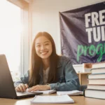 Smiling student celebrates free tuition program with books and laptop near university banner showing natural light
