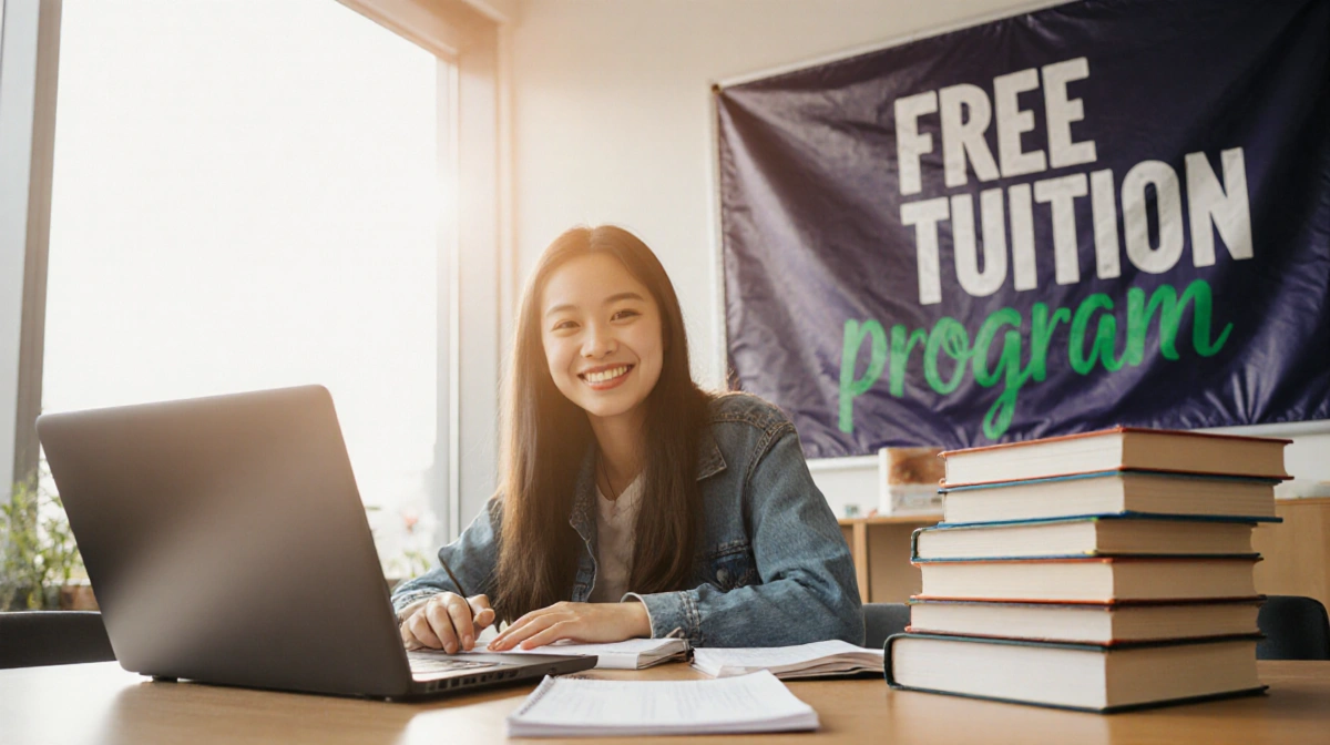 Smiling student celebrates free tuition program with books and laptop near university banner showing natural light