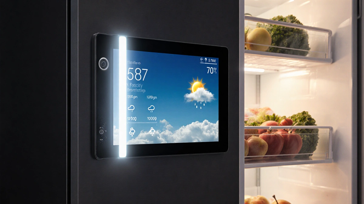 Smart fridge screen showing weather forecast with clouds and rain icons near LED camera and visible grocery shelf