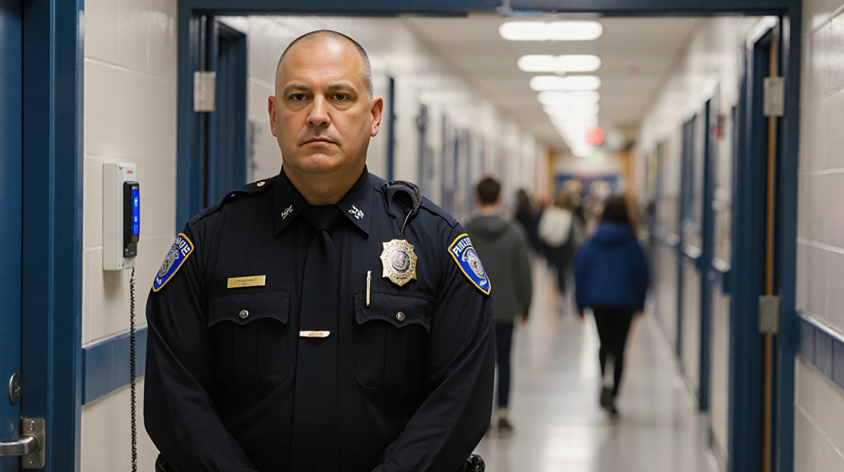Frisco police officer standing in school hallway with secure entrance and students walking to class in background