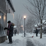 Residents shoveling sidewalks with frosted windows and icicles hanging from eaves during a winter storm