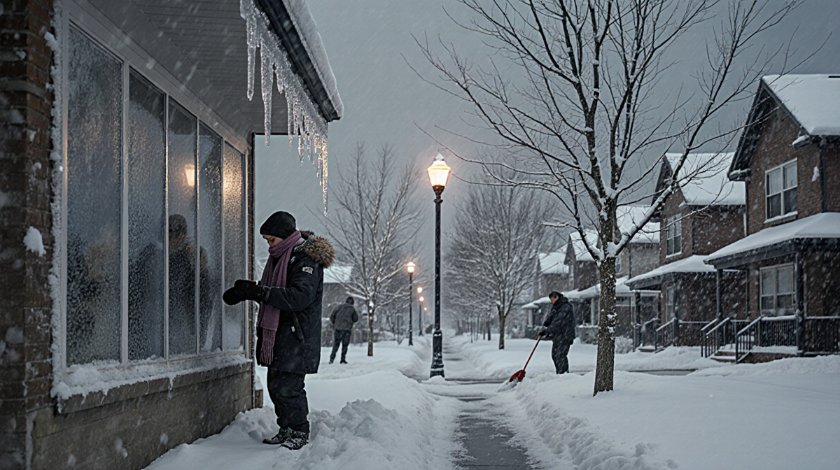 Residents shoveling sidewalks with frosted windows and icicles hanging from eaves during a winter storm